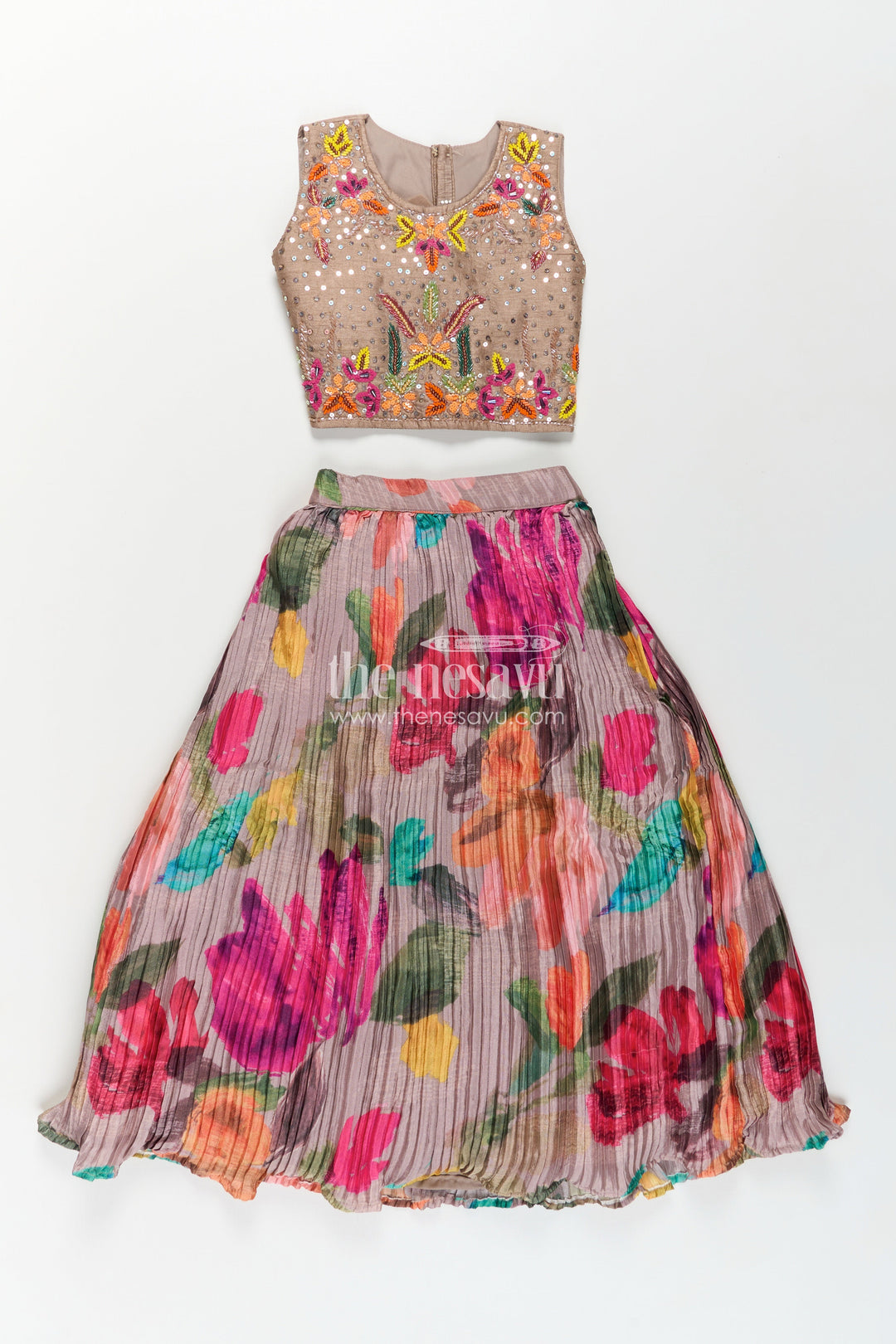 Girls Lehenga Dress for Party in Chinon Silk with Floral Digital Print and Embellished Crop Top