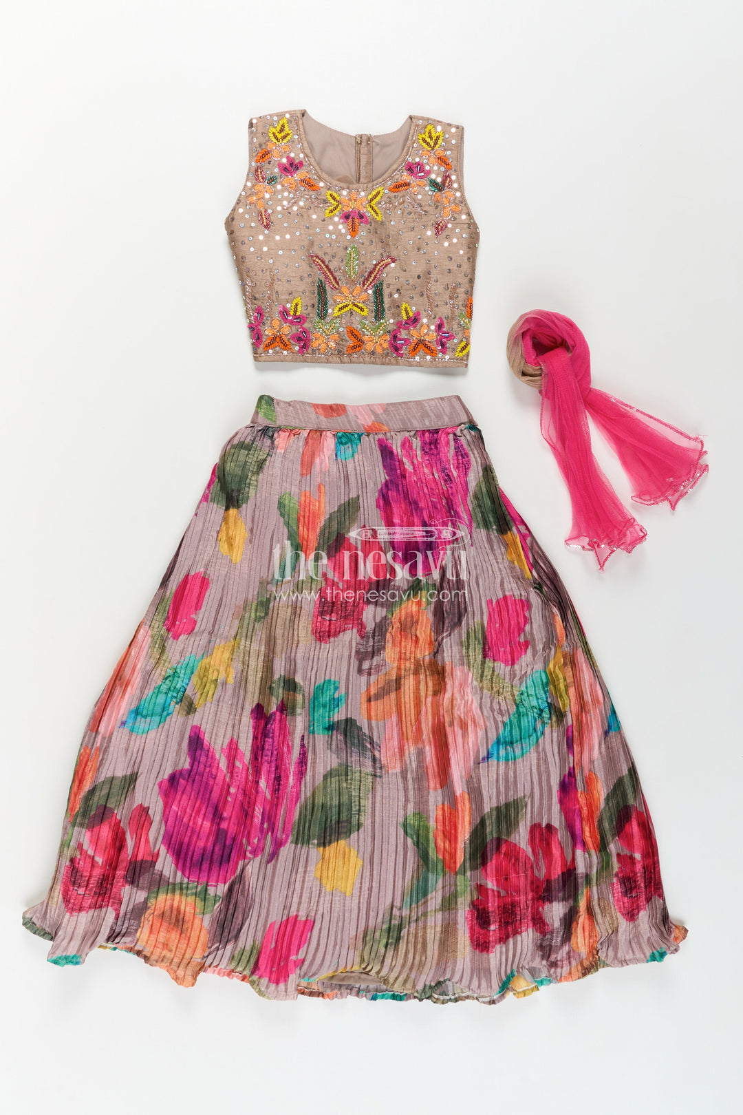 Girls Lehenga Dress for Party in Chinon Silk with Floral Digital Print and Embellished Crop Top