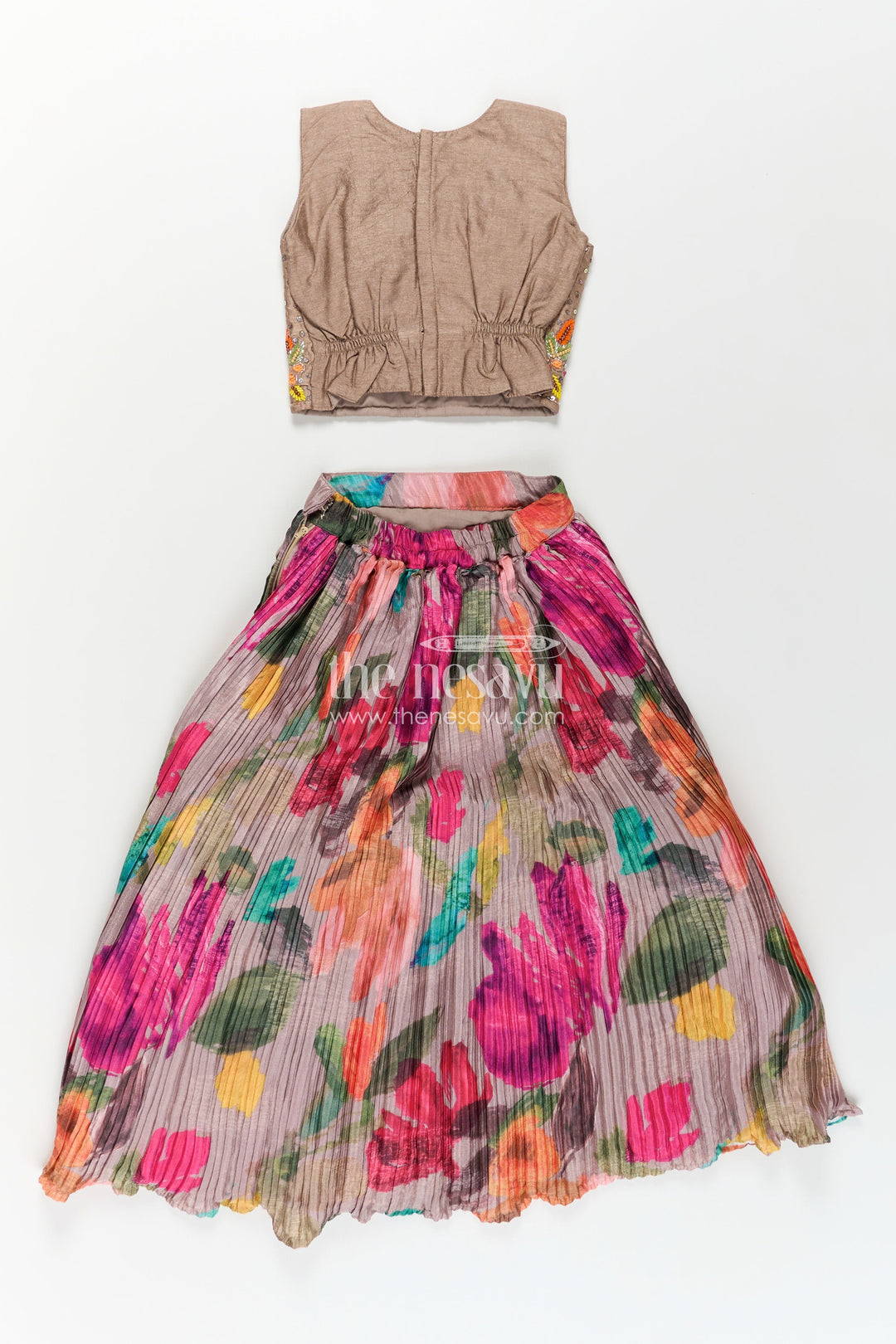 Girls Lehenga Dress for Party in Chinon Silk with Floral Digital Print and Embellished Crop Top