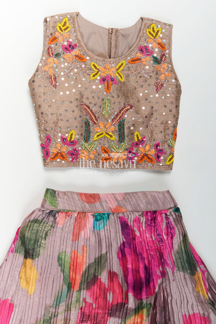 Girls Lehenga Dress for Party in Chinon Silk with Floral Digital Print and Embellished Crop Top