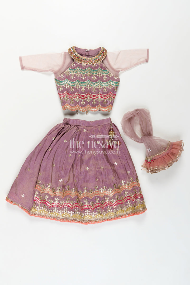 Girls Marriage Function Dress in Tissue Fabric with Sequin Embroidery and Designer Multicolor Yoke