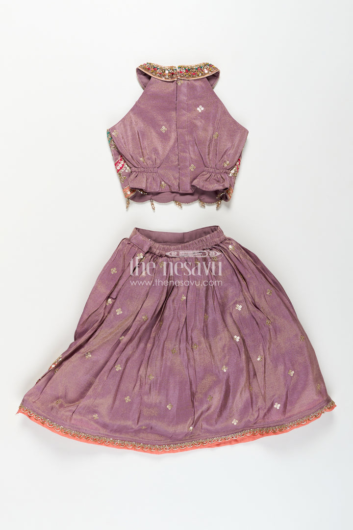 Girls Marriage Function Dress in Tissue Fabric with Sequin Embroidery and Designer Multicolor Yoke