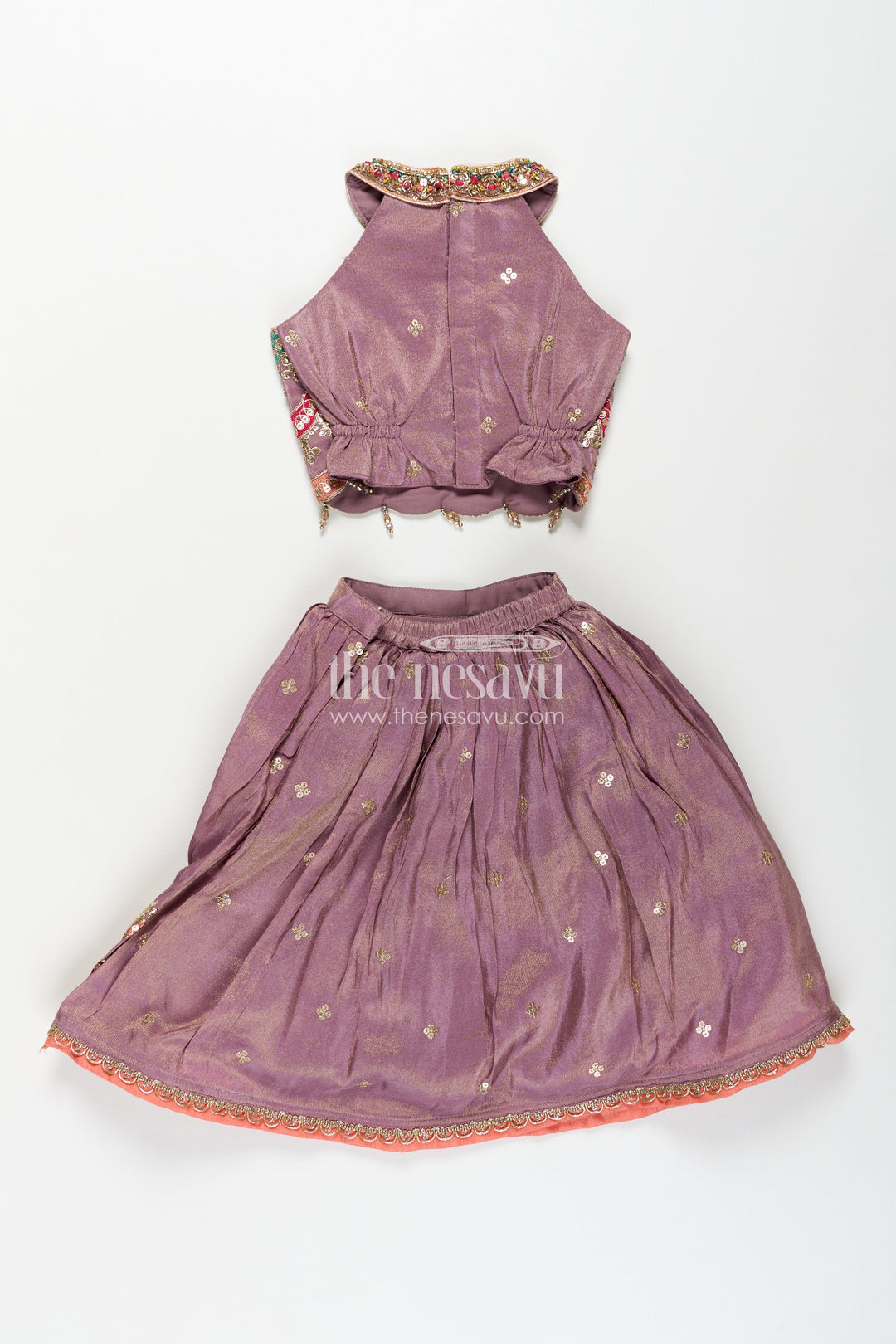 Girls Marriage Function Dress in Tissue Fabric with Sequin Embroidery and Designer Multicolor Yoke