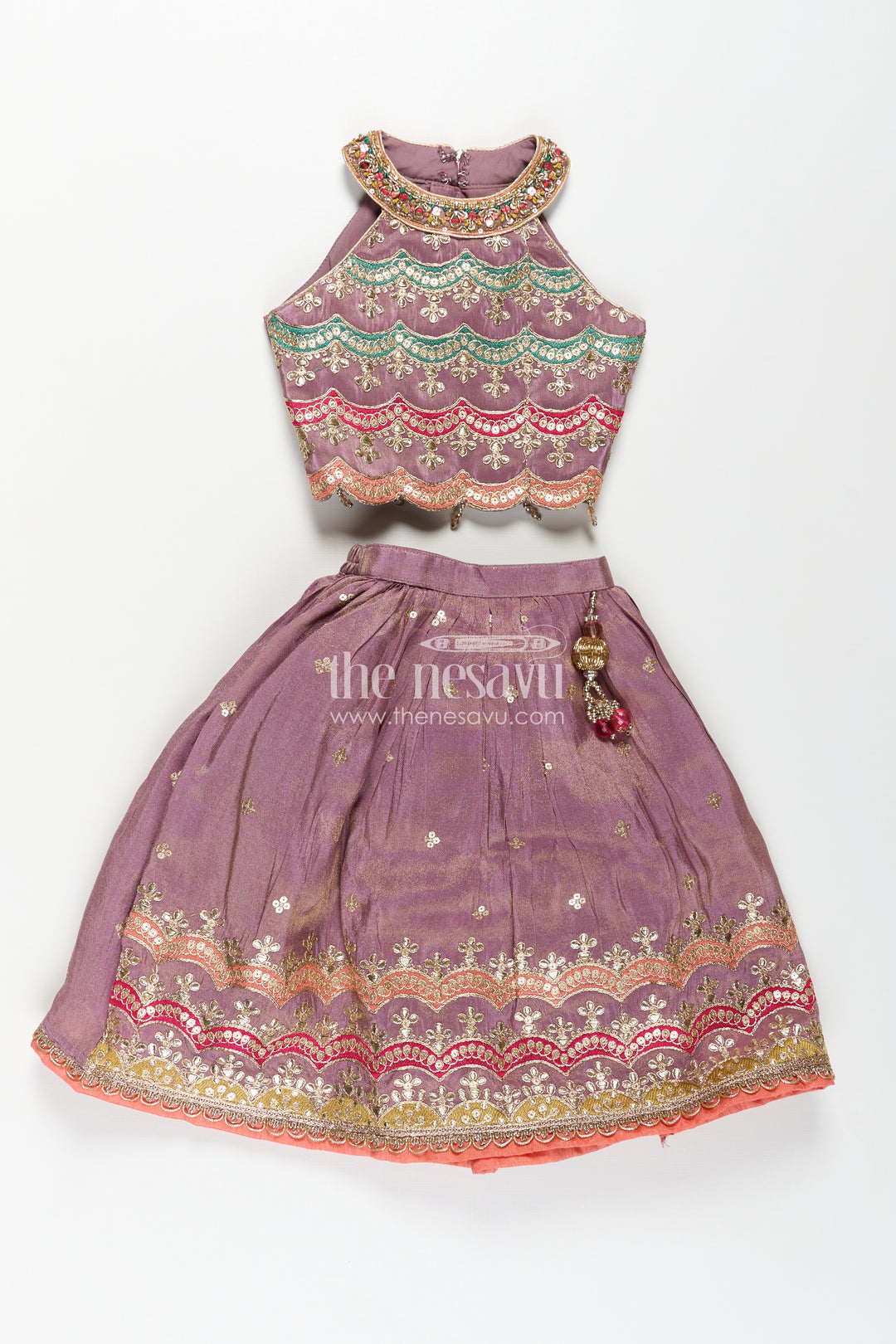 Girls Marriage Function Dress in Tissue Fabric with Sequin Embroidery and Designer Multicolor Yoke