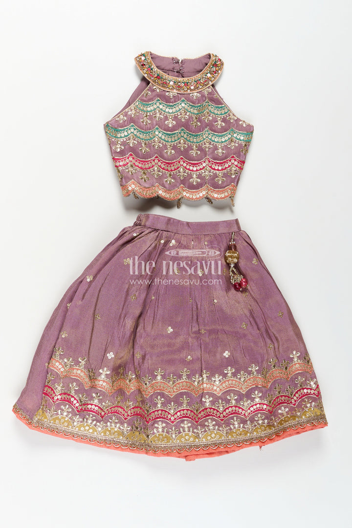 Girls Marriage Function Dress in Tissue Fabric with Sequin Embroidery and Designer Multicolor Yoke
