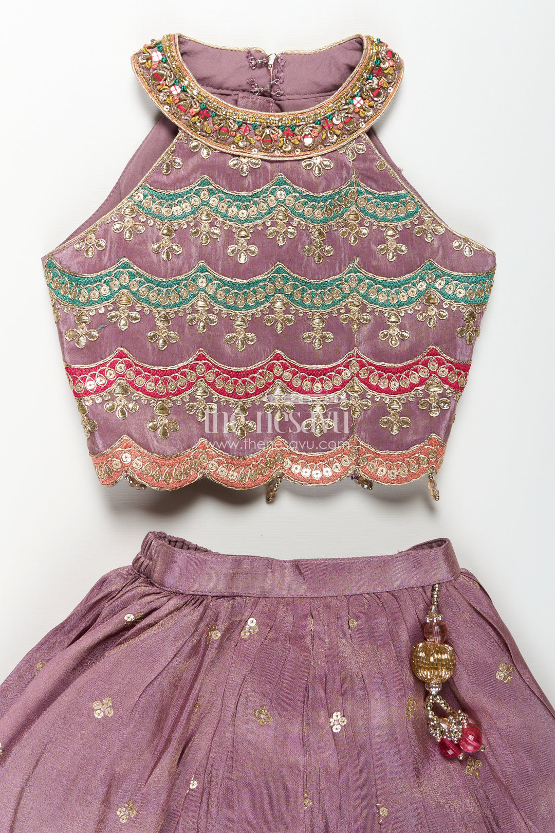 Girls Marriage Function Dress in Tissue Fabric with Sequin Embroidery and Designer Multicolor Yoke