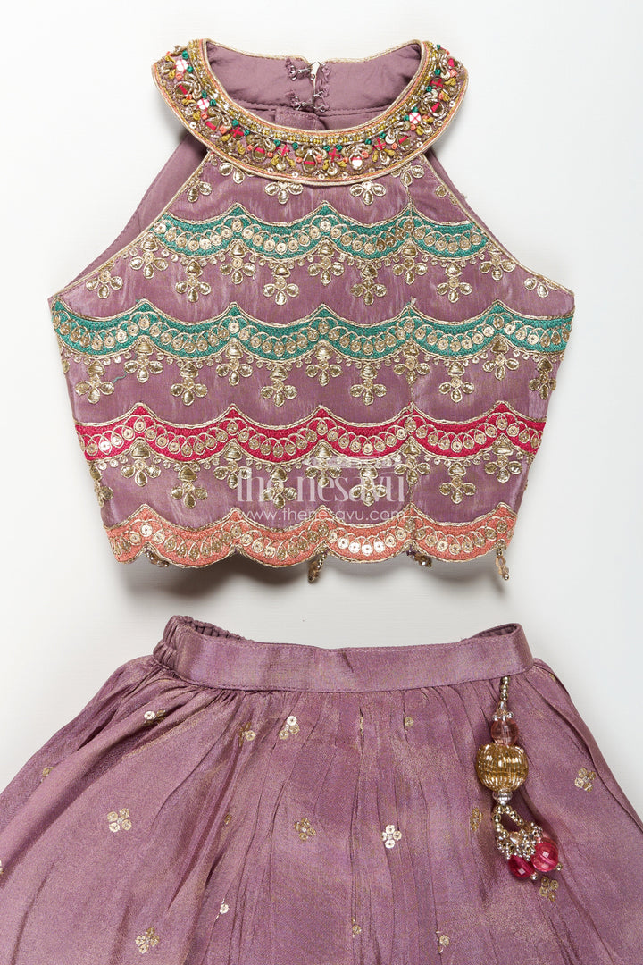 Girls Marriage Function Dress in Tissue Fabric with Sequin Embroidery and Designer Multicolor Yoke