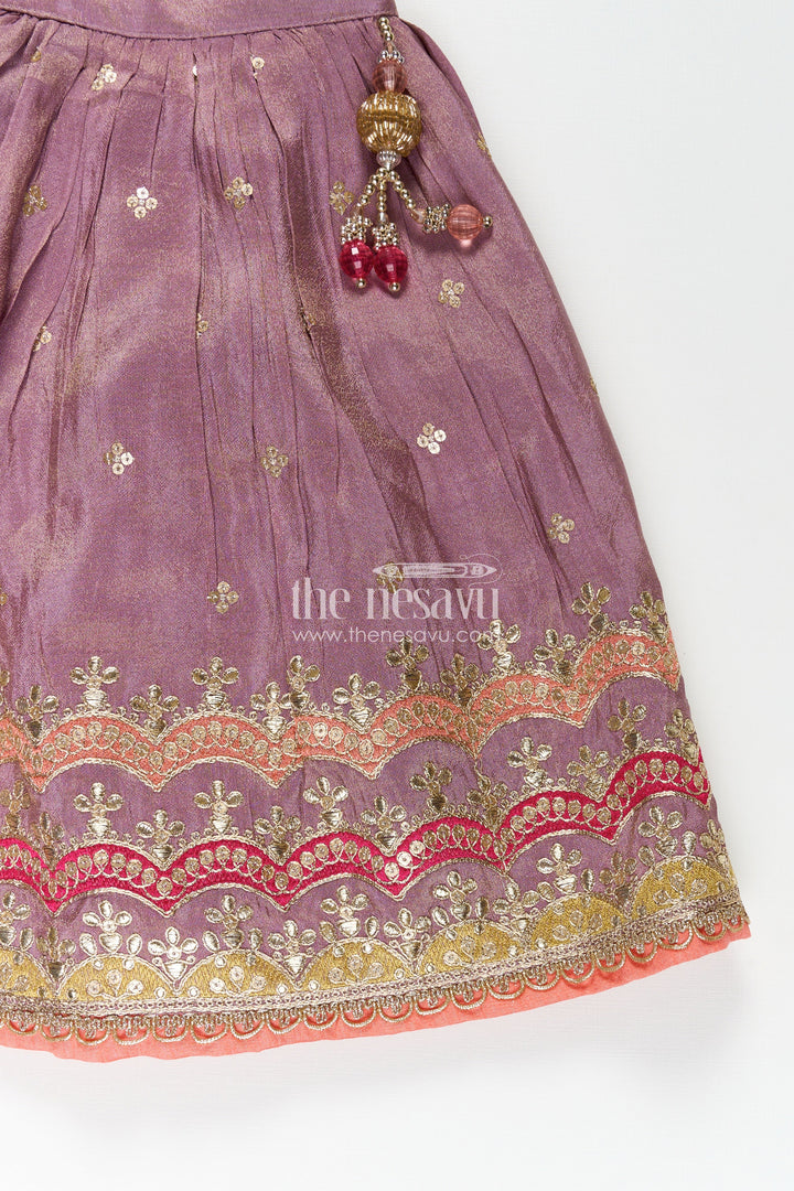 Girls Marriage Function Dress in Tissue Fabric with Sequin Embroidery and Designer Multicolor Yoke