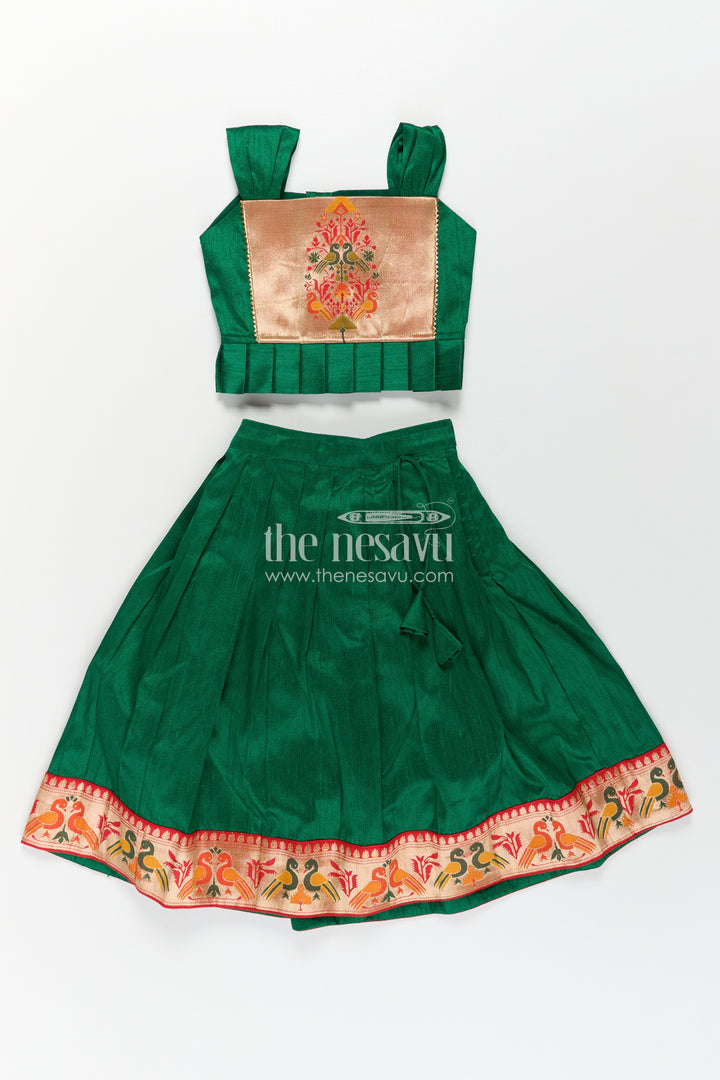 Girls Lehengha Pattu in Green Raw Silk with Paithani Border and Embellished Yoke