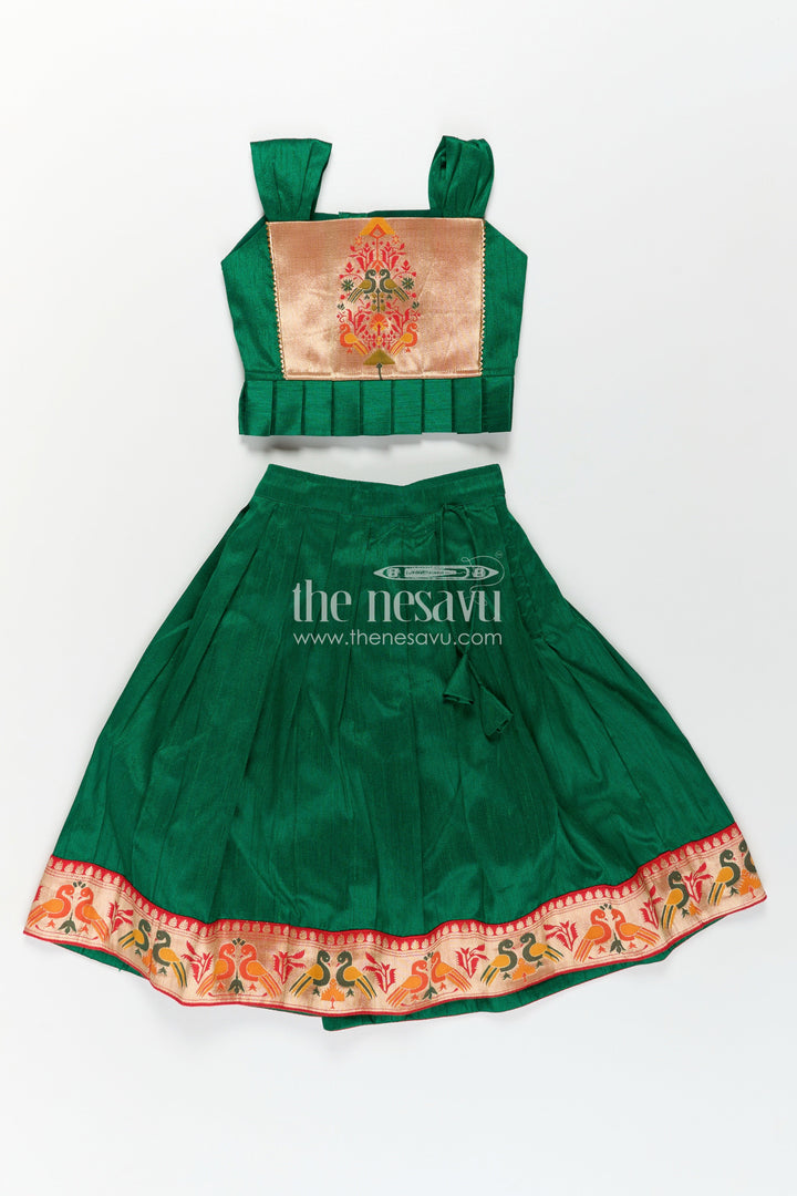 Girls Lehengha Pattu in Green Raw Silk with Paithani Border and Embellished Yoke