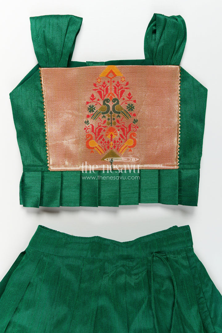 Girls Lehengha Pattu in Green Raw Silk with Paithani Border and Embellished Yoke