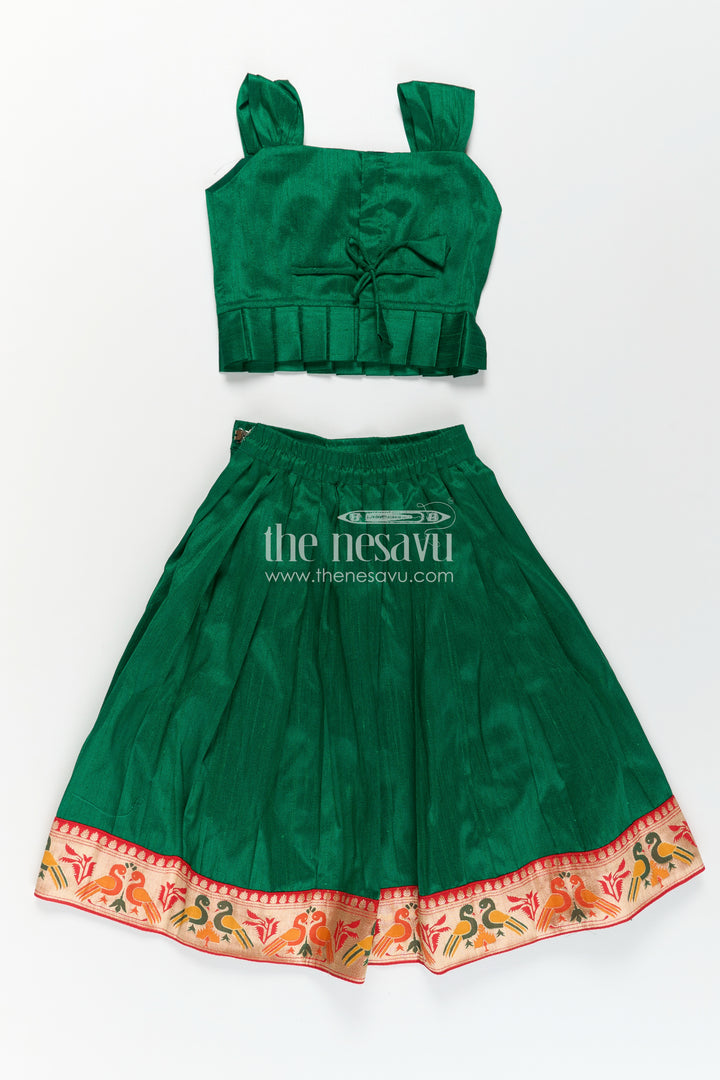 Girls Lehengha Pattu in Green Raw Silk with Paithani Border and Embellished Yoke