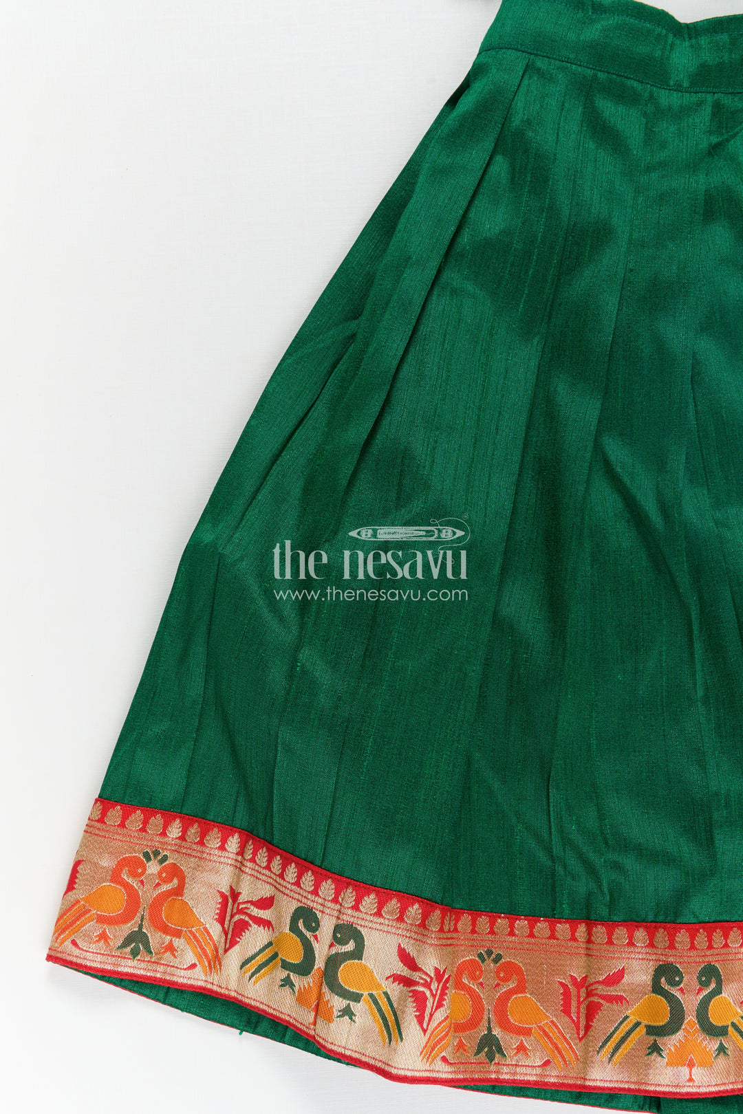 Girls Lehengha Pattu in Green Raw Silk with Paithani Border and Embellished Yoke