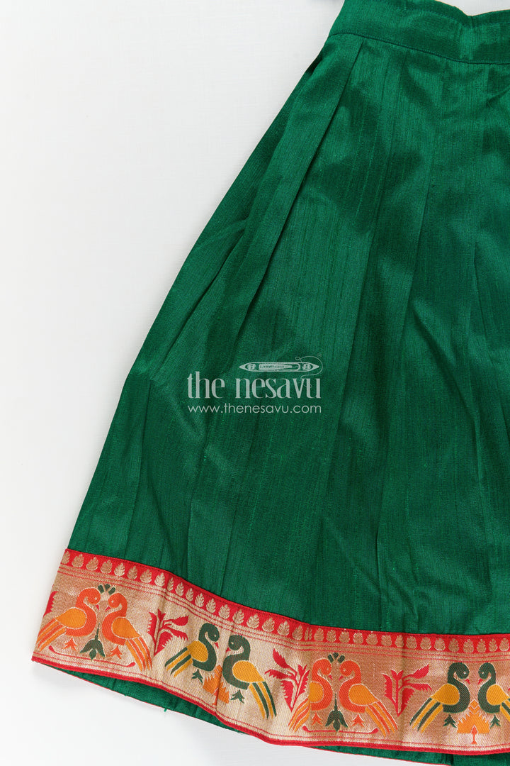Girls Lehengha Pattu in Green Raw Silk with Paithani Border and Embellished Yoke