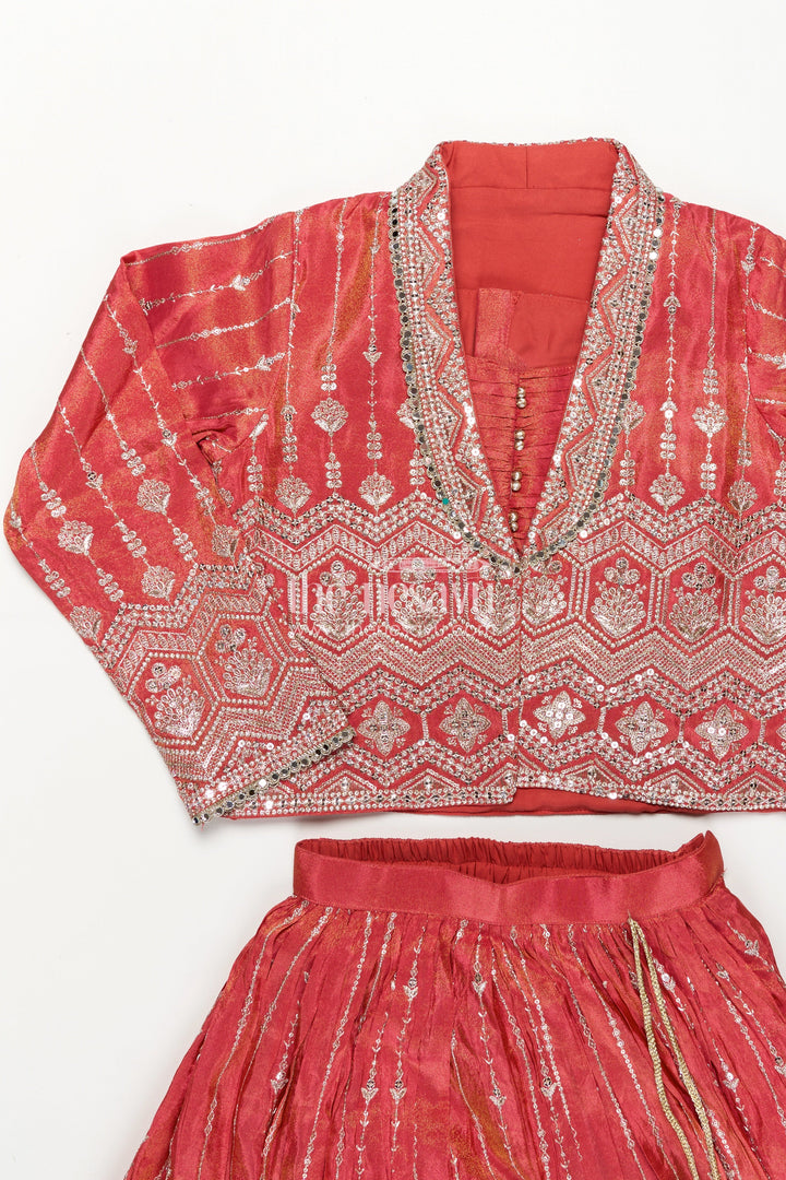 Girls Lehenga Choli Red Colour in Shimmer Silk with Embroidered Jacket and Flared Skirt