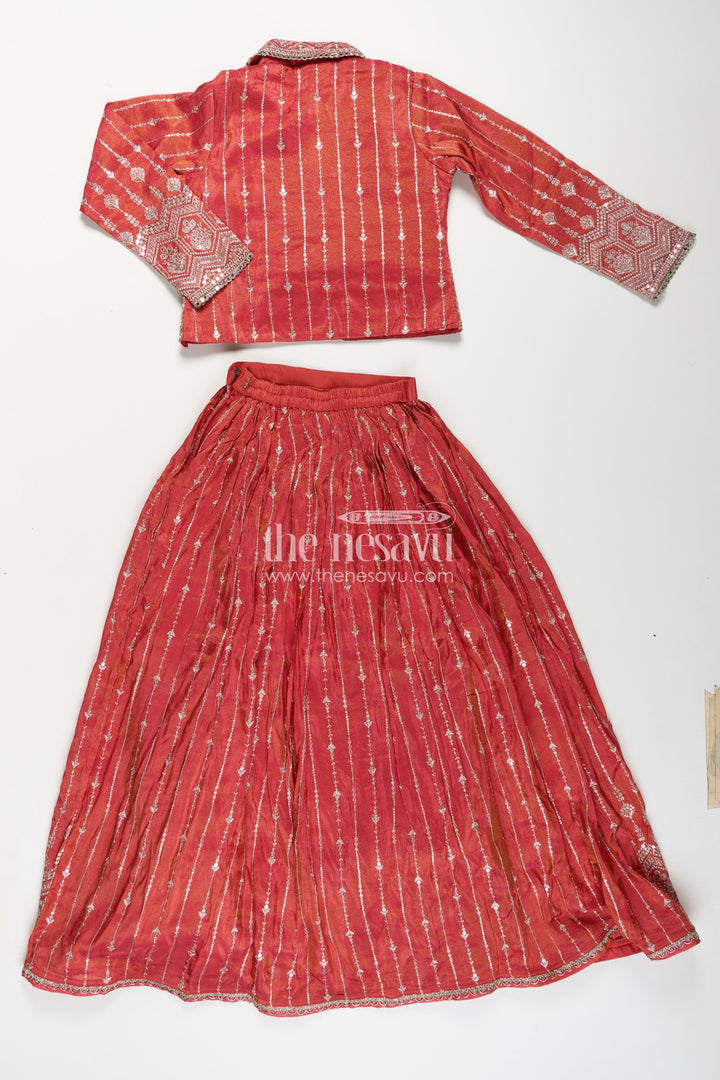 Girls Lehenga Choli Red Colour in Shimmer Silk with Embroidered Jacket and Flared Skirt