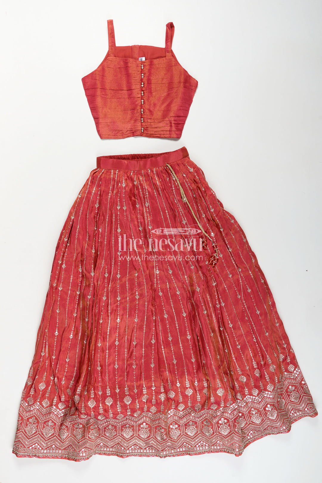Girls Lehenga Choli Red Colour in Shimmer Silk with Embroidered Jacket and Flared Skirt