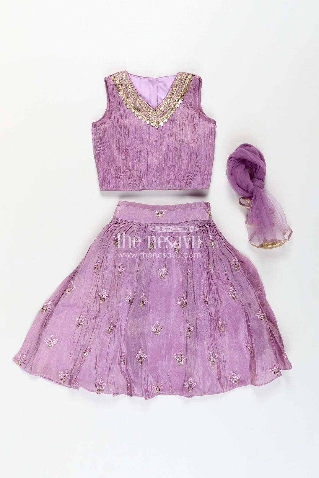 Girls Light Purple Lehenga in Viscose Tissue with Thread Embroidery and Pleated Flared Skirt