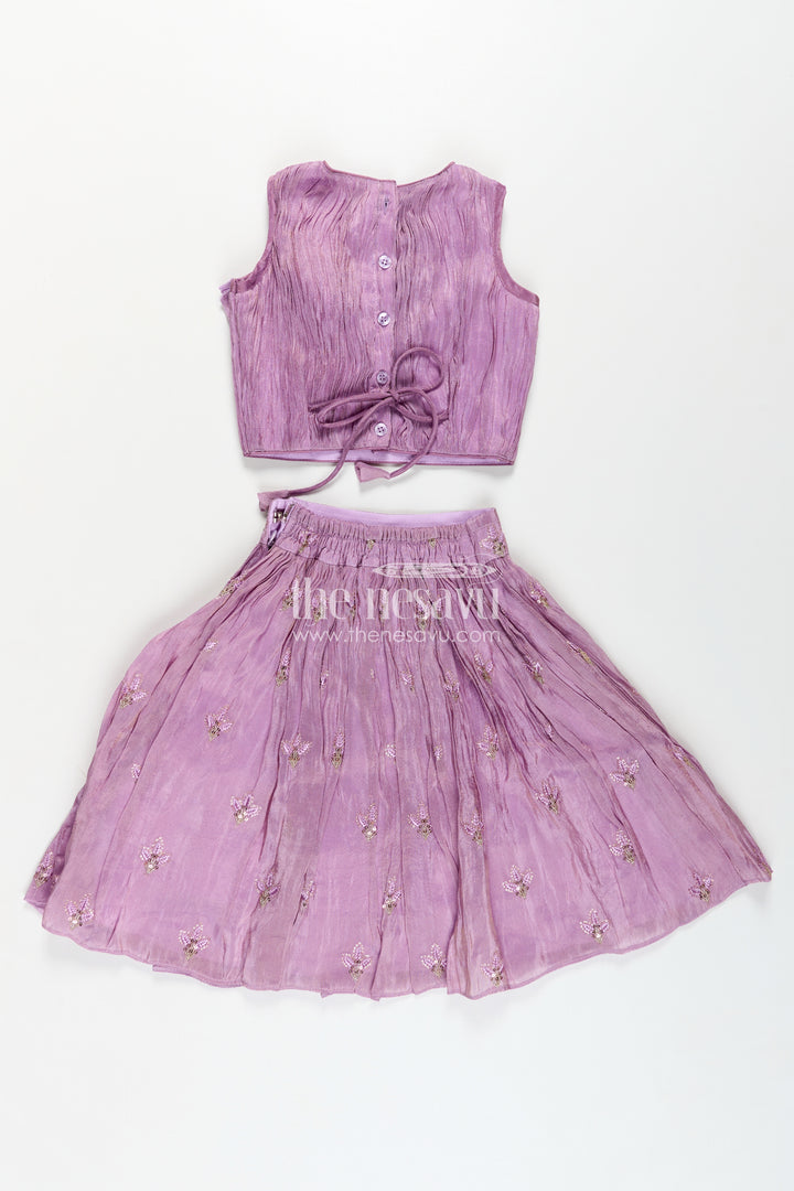 Girls Light Purple Lehenga in Viscose Tissue with Thread Embroidery and Pleated Flared Skirt
