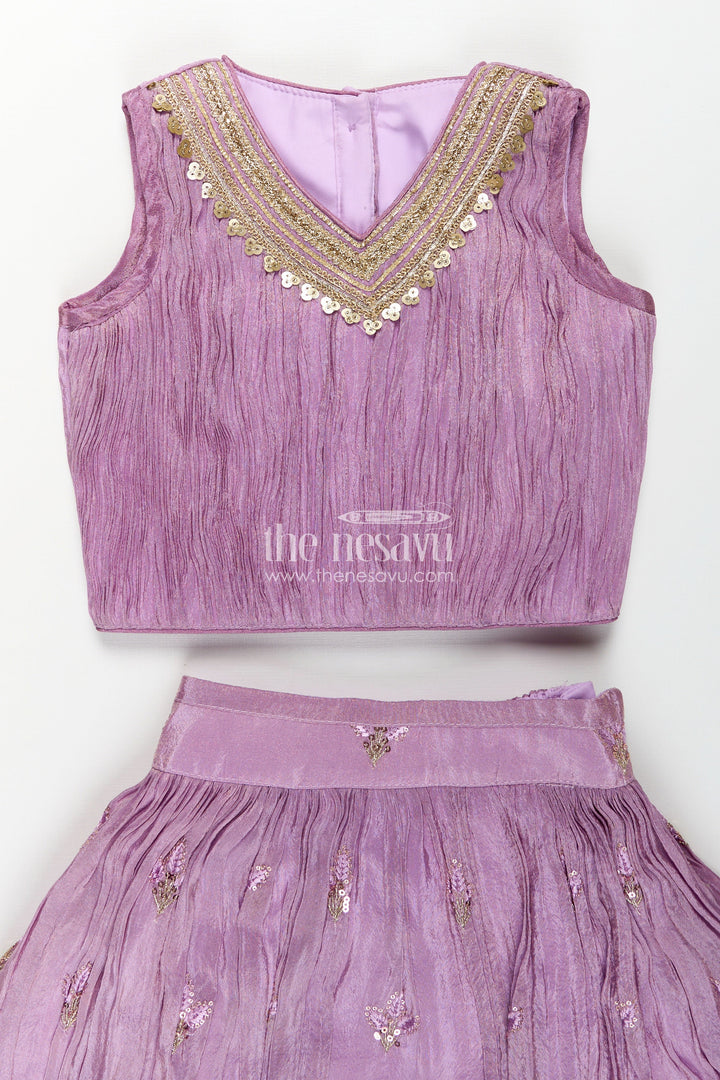 Girls Light Purple Lehenga in Viscose Tissue with Thread Embroidery and Pleated Flared Skirt