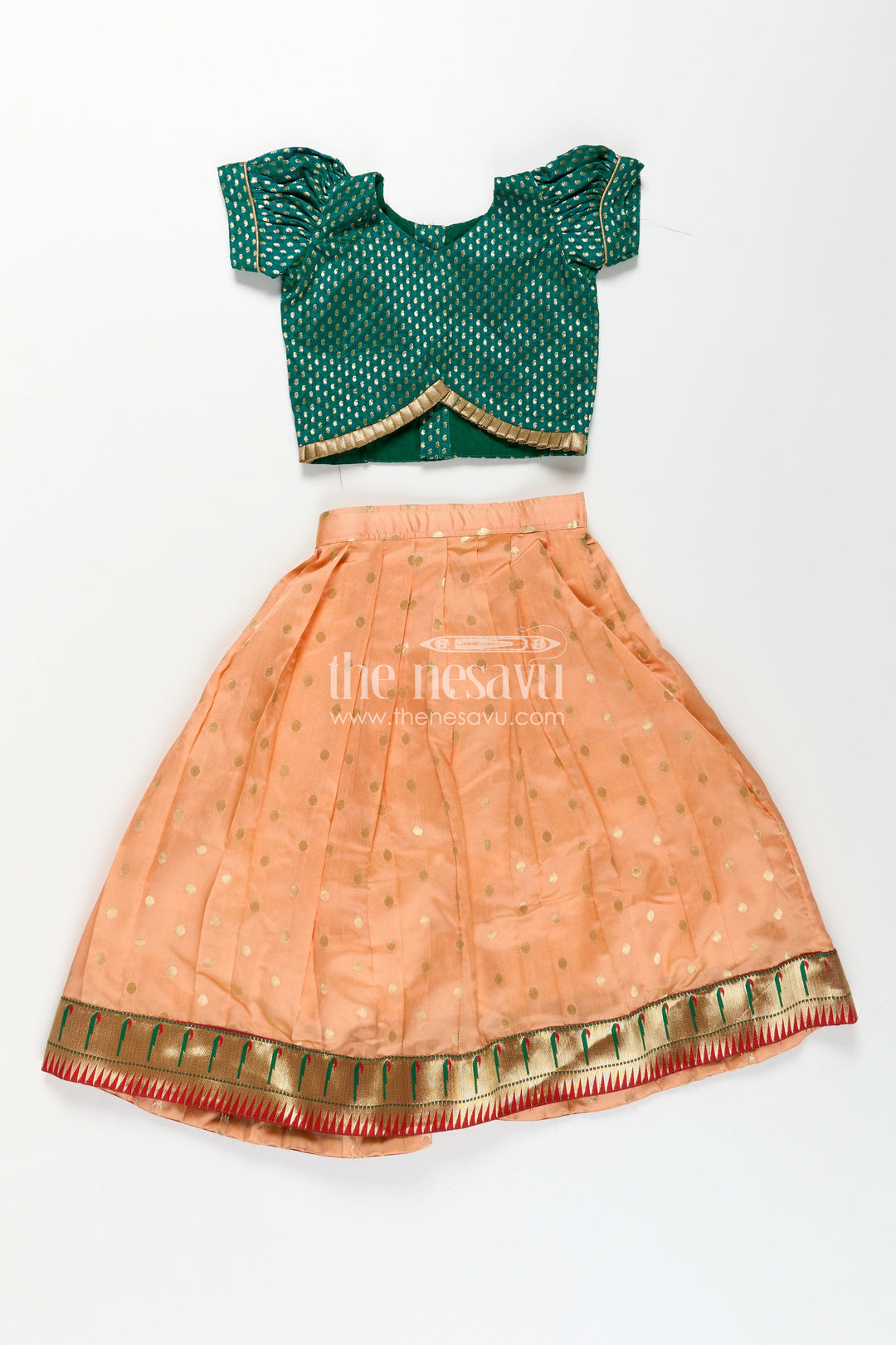 Lehenga Pattu Pavadai for Girls in Orange and Green with Paithani Embellished Banaras Skirt