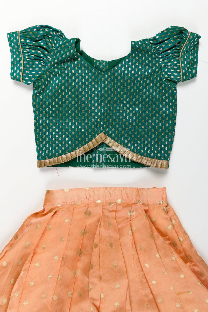 Lehenga Pattu Pavadai for Girls in Orange and Green with Paithani Embellished Banaras Skirt
