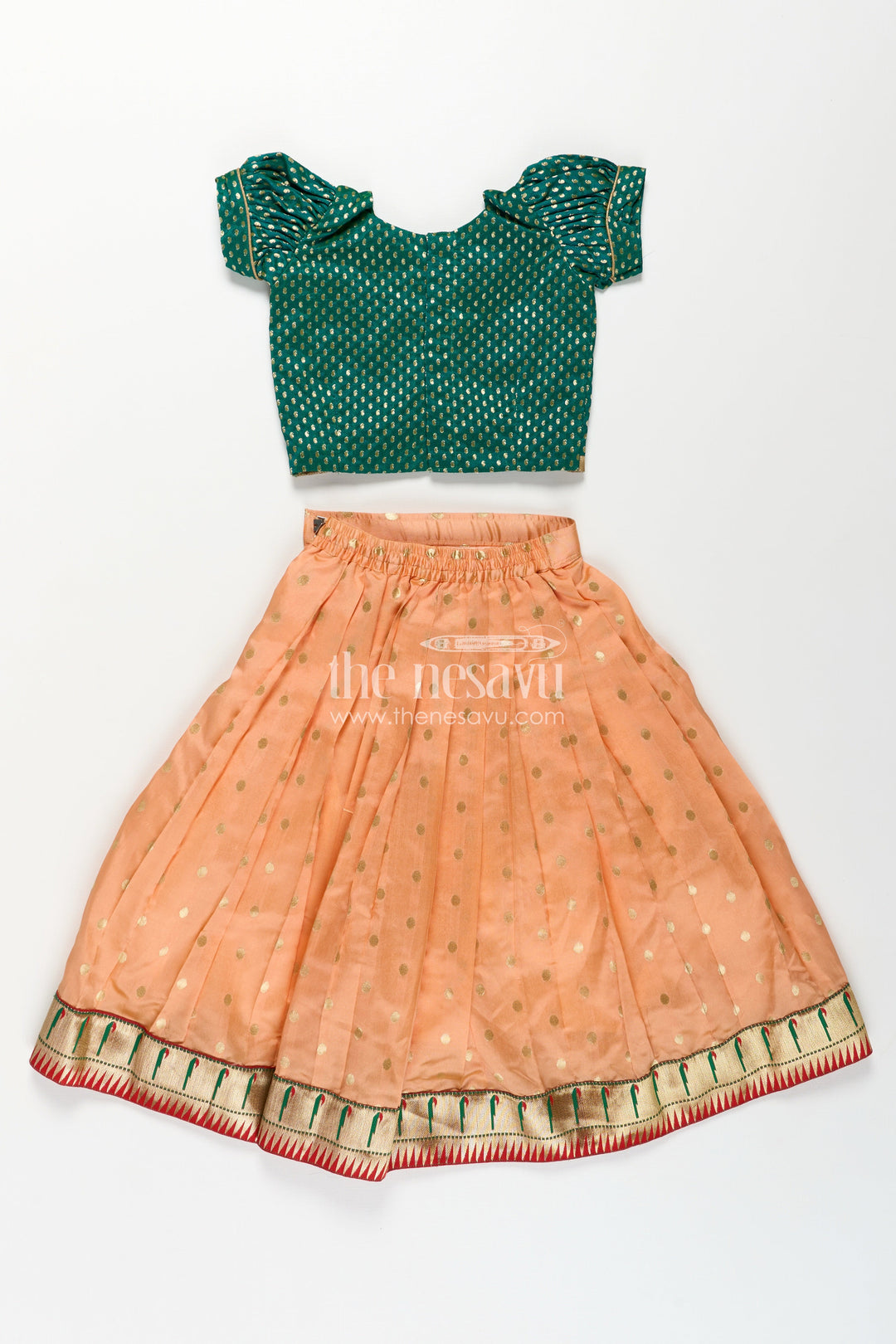 Lehenga Pattu Pavadai for Girls in Orange and Green with Paithani Embellished Banaras Skirt