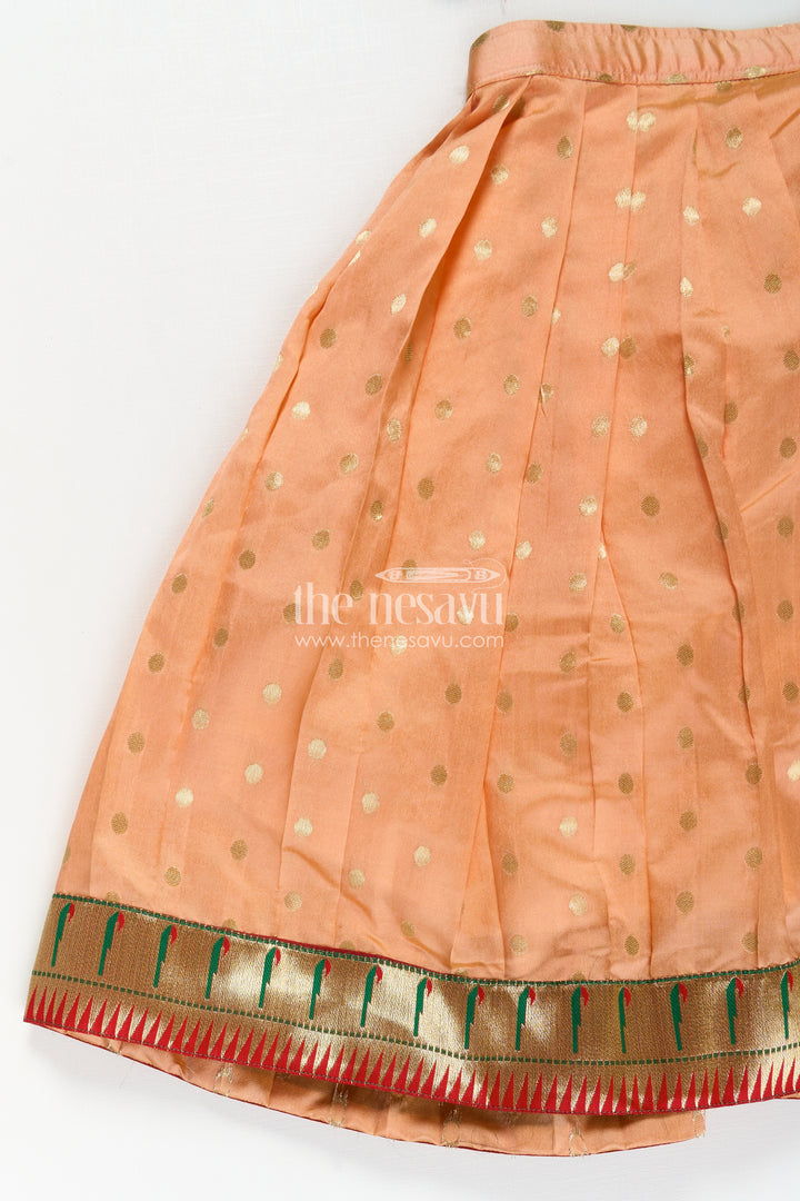 Lehenga Pattu Pavadai for Girls in Orange and Green with Paithani Embellished Banaras Skirt