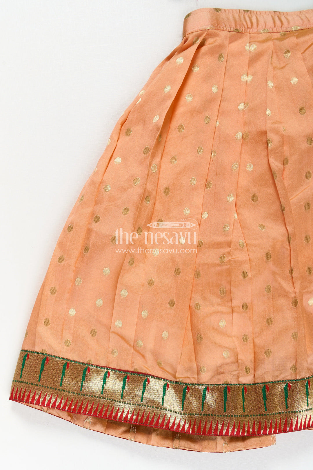 Lehenga Pattu Pavadai for Girls in Orange and Green with Paithani Embellished Banaras Skirt