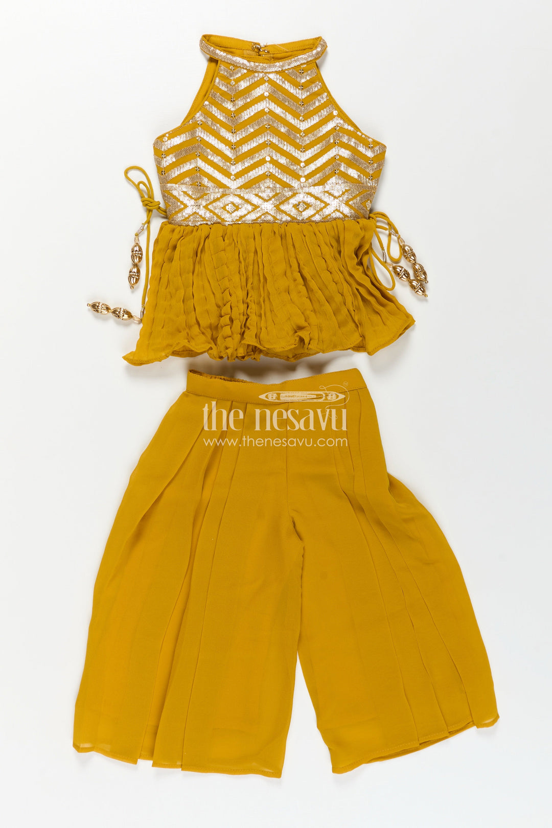 Girls Mustard Dress with Sharara in Georgette Featuring Ruffle Hem and Shimmering Chevron Design