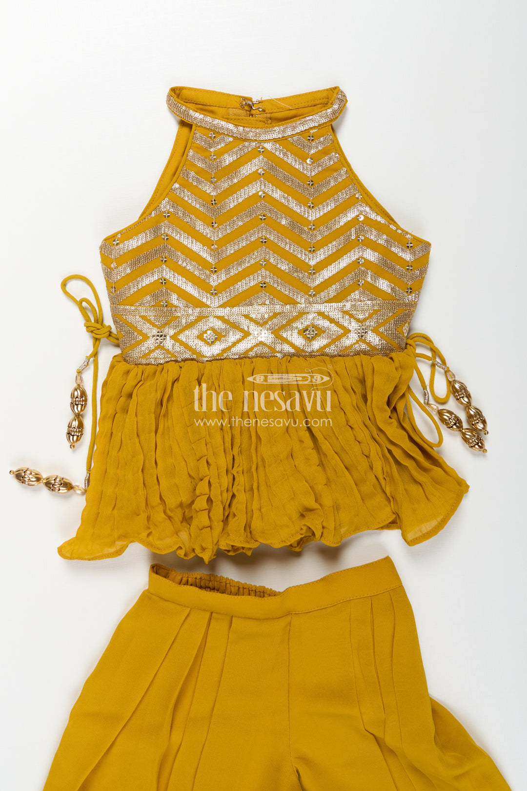 Girls Mustard Dress with Sharara in Georgette Featuring Ruffle Hem and Shimmering Chevron Design