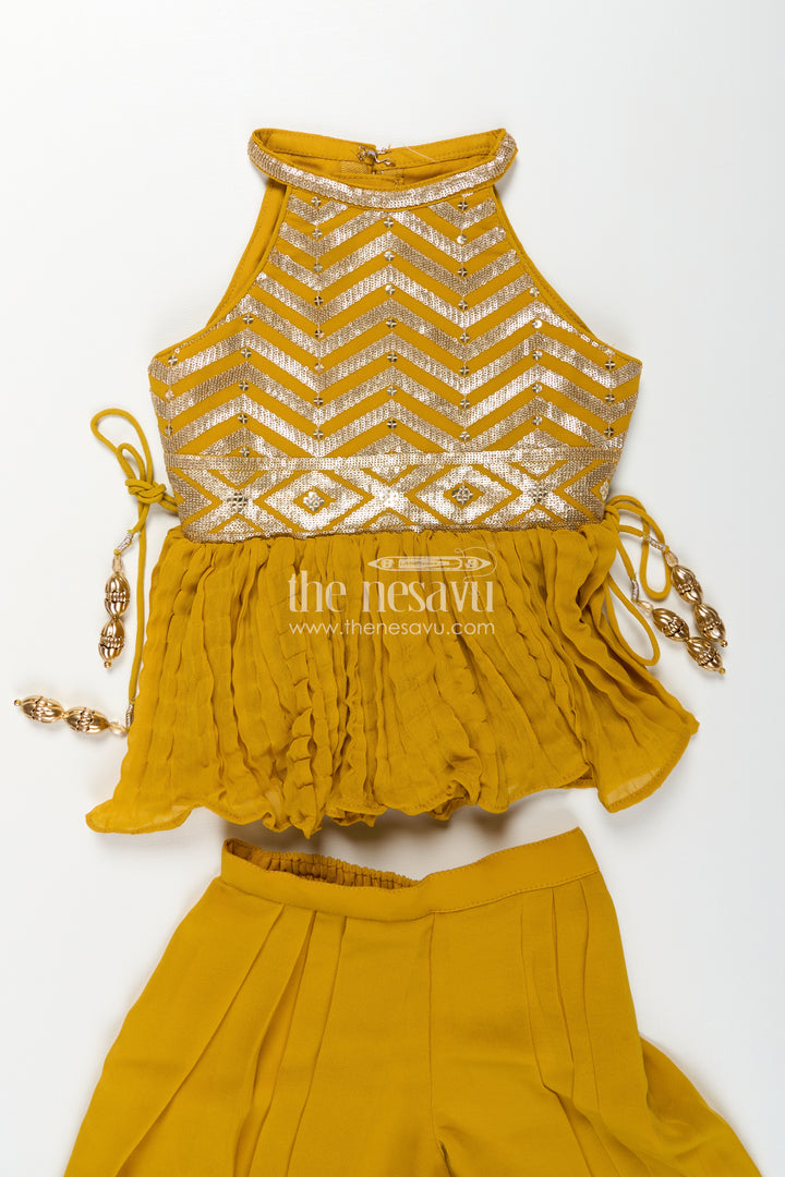 Girls Mustard Dress with Sharara in Georgette Featuring Ruffle Hem and Shimmering Chevron Design