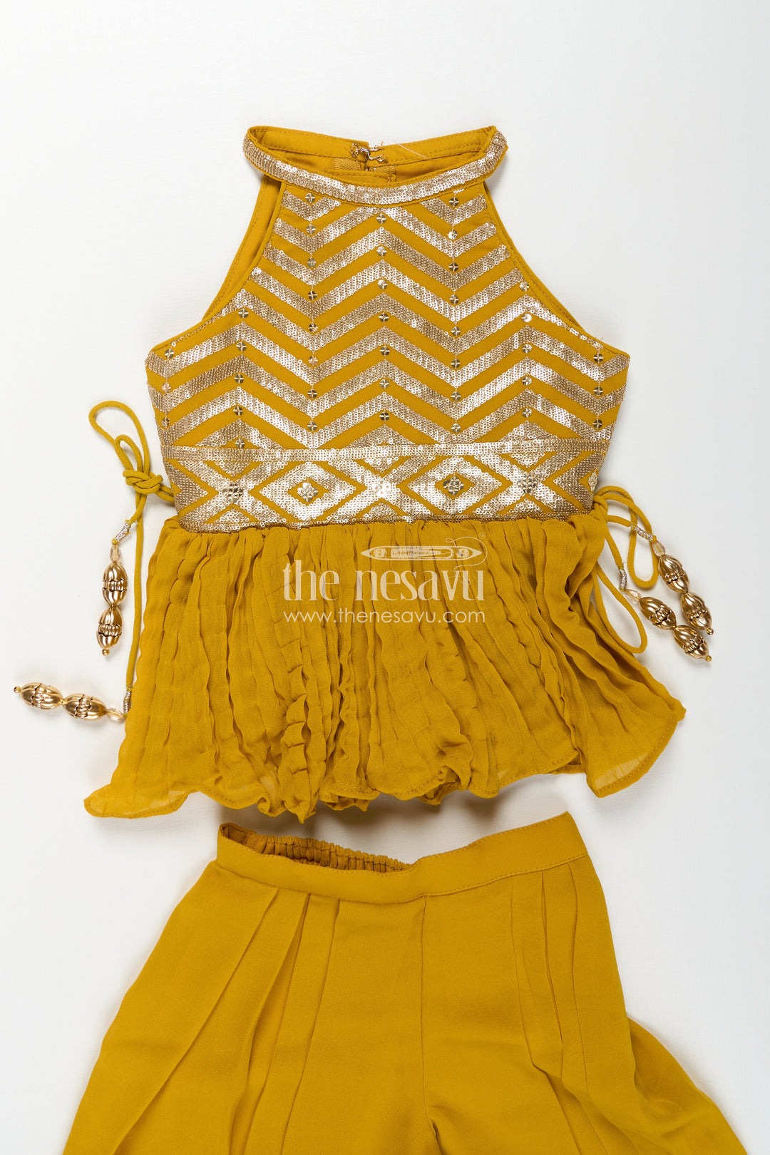 Girls Mustard Dress with Sharara in Georgette Featuring Ruffle Hem and Shimmering Chevron Design
