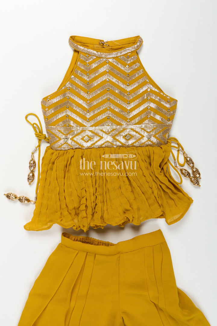 Girls Mustard Dress with Sharara in Georgette Featuring Ruffle Hem and Shimmering Chevron Design