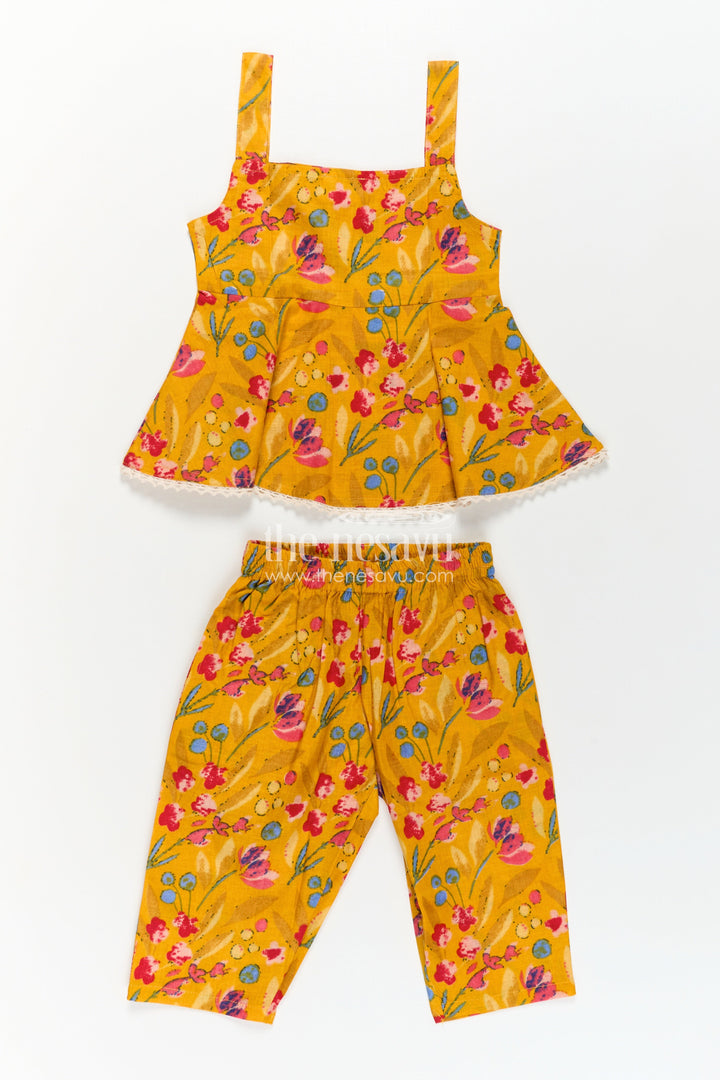 Girls Cotton Flowy Dress Style Yellow Casual Set with Floral Digital Print and Comfort Pants
