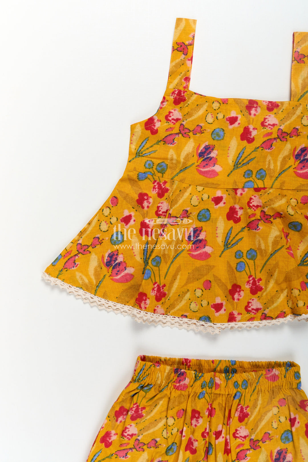 Girls Cotton Flowy Dress Style Yellow Casual Set with Floral Digital Print and Comfort Pants
