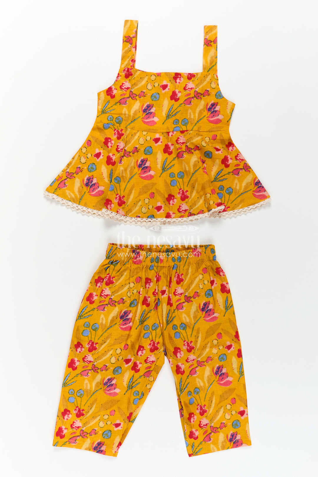 Girls Cotton Flowy Dress Style Yellow Casual Set with Floral Digital Print and Comfort Pants