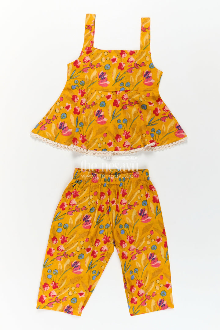 Girls Cotton Flowy Dress Style Yellow Casual Set with Floral Digital Print and Comfort Pants