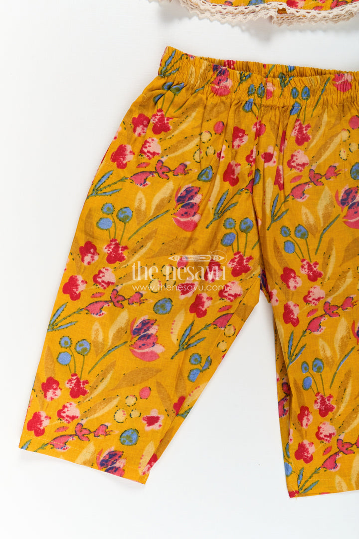 Girls Cotton Flowy Dress Style Yellow Casual Set with Floral Digital Print and Comfort Pants