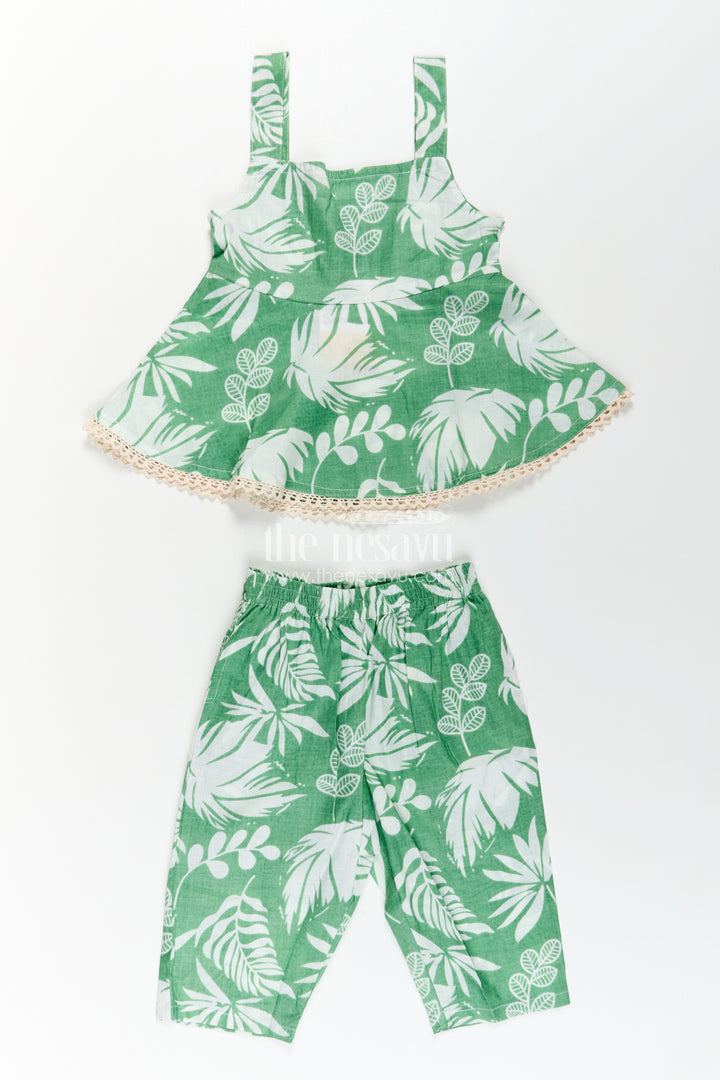 Girls Cotton Stylish Dress Green Casual Set with Leaf Digital Print and Comfortable Fit