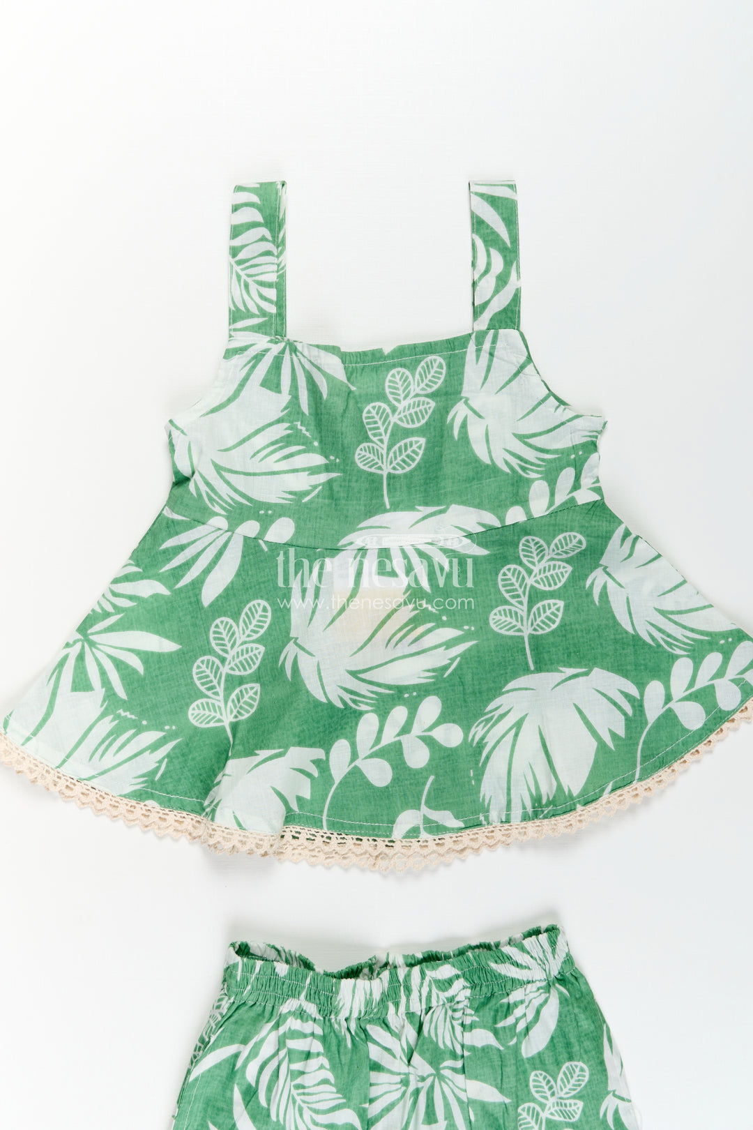 Girls Cotton Stylish Dress Green Casual Set with Leaf Digital Print and Comfortable Fit