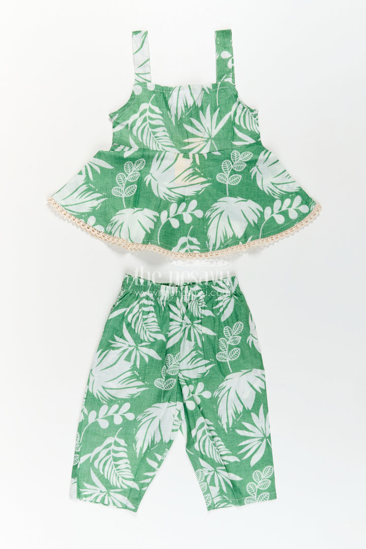 Girls Cotton Stylish Dress Green Casual Set with Leaf Digital Print and Comfortable Fit