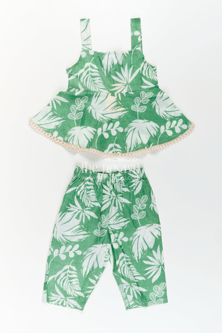 Girls Cotton Stylish Dress Green Casual Set with Leaf Digital Print and Comfortable Fit