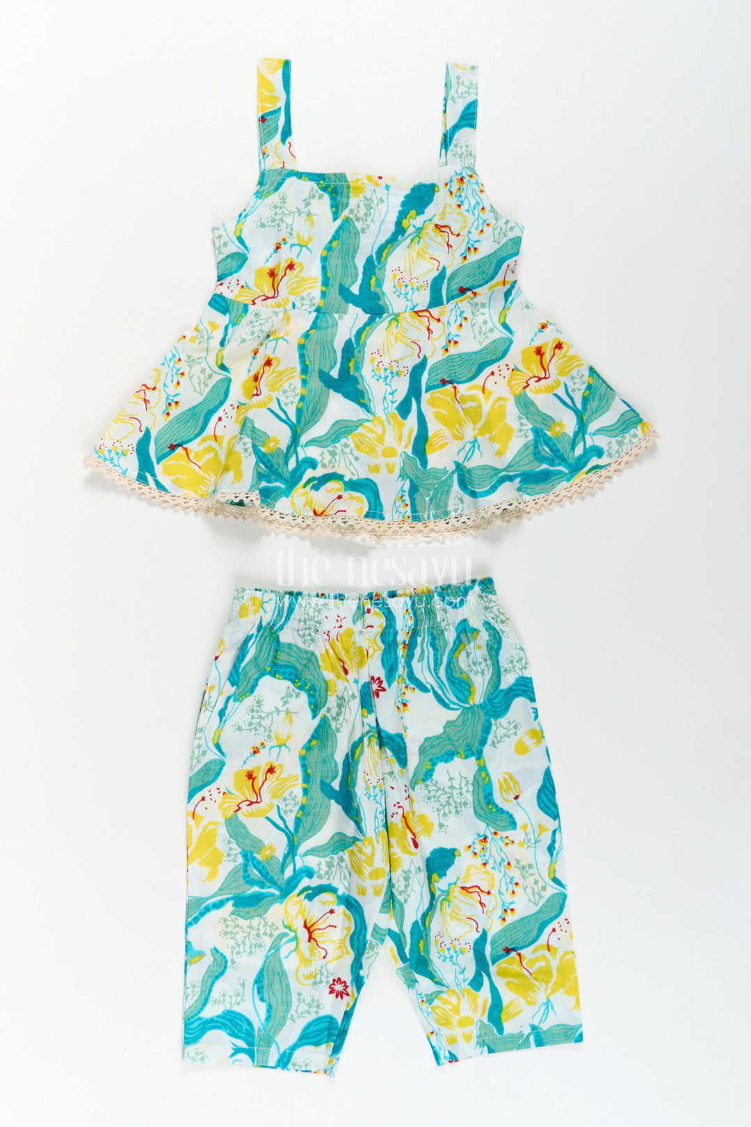 Girls Cotton Flared Dress Girls Set in Light Floral Print with Sleeveless Top and Matching Pants