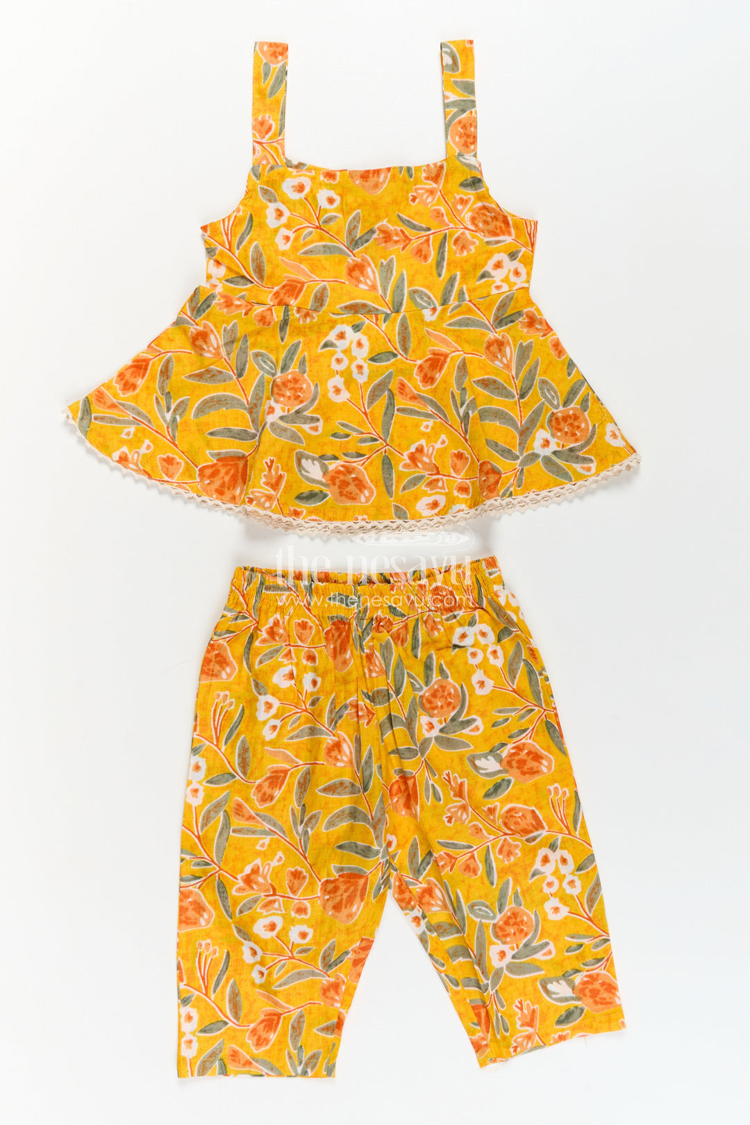 Girls Cotton Sleeveless Dresses Inspired Set in Mustard with Orange and Green Floral Prints