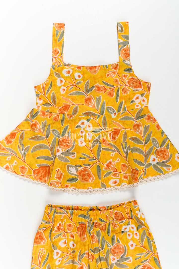 Girls Cotton Sleeveless Dresses Inspired Set in Mustard with Orange and Green Floral Prints