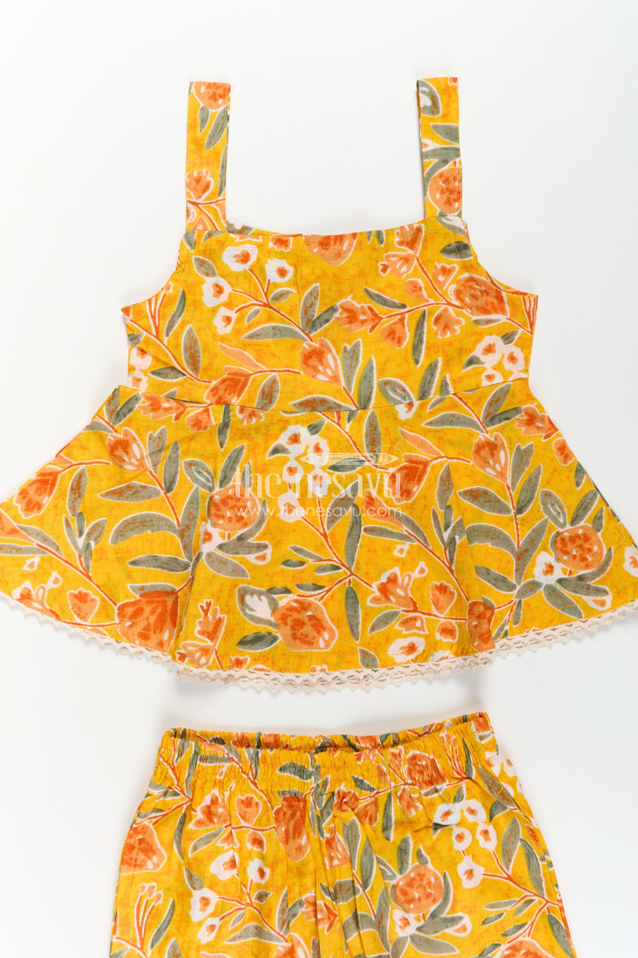 Girls Cotton Sleeveless Dresses Inspired Set in Mustard with Orange and Green Floral Prints