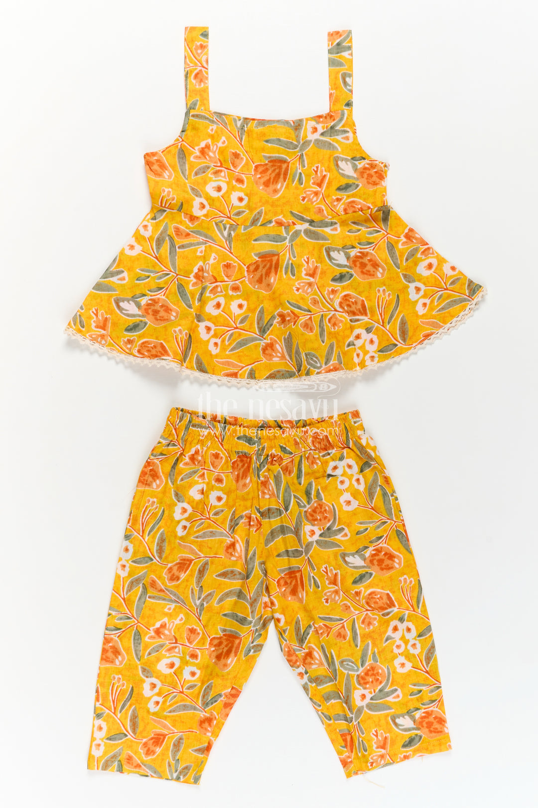 Girls Cotton Sleeveless Dresses Inspired Set in Mustard with Orange and Green Floral Prints