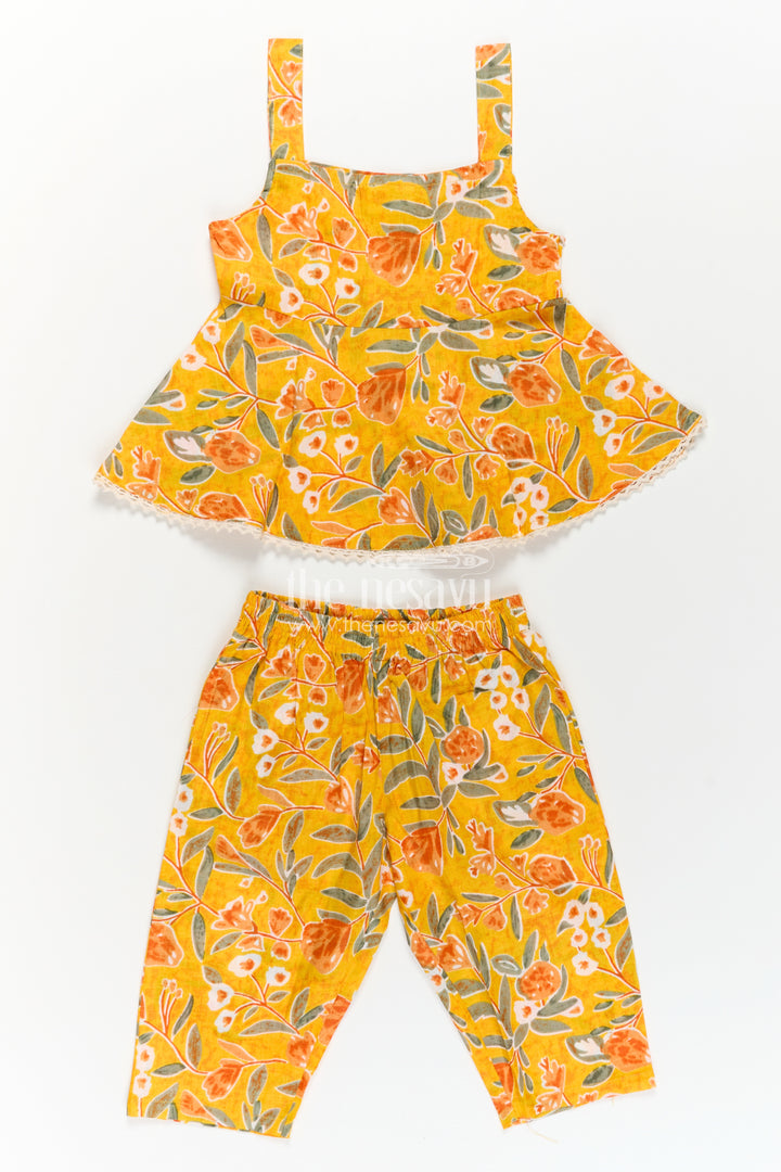Girls Cotton Sleeveless Dresses Inspired Set in Mustard with Orange and Green Floral Prints