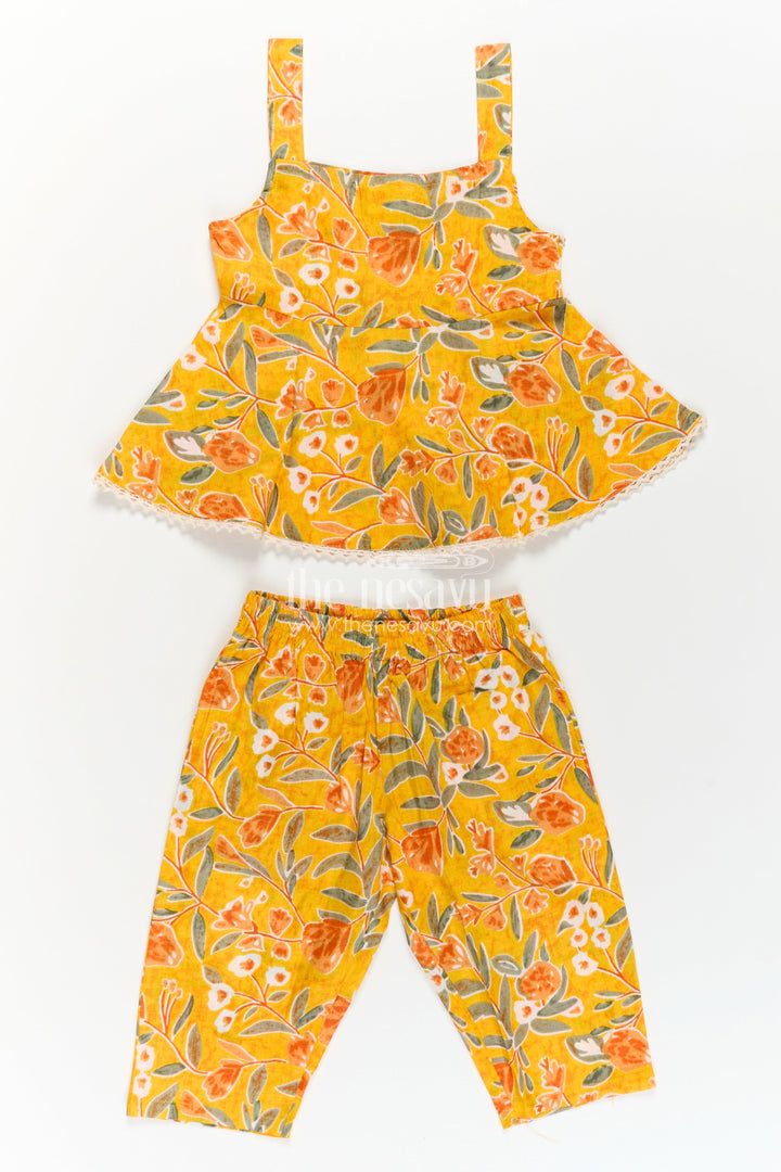 Girls Cotton Sleeveless Dresses Inspired Set in Mustard with Orange and Green Floral Prints